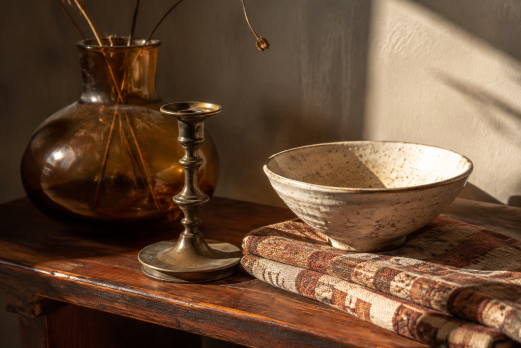 Vintage shelf with ceramic vessels and brass accents — conceptual image