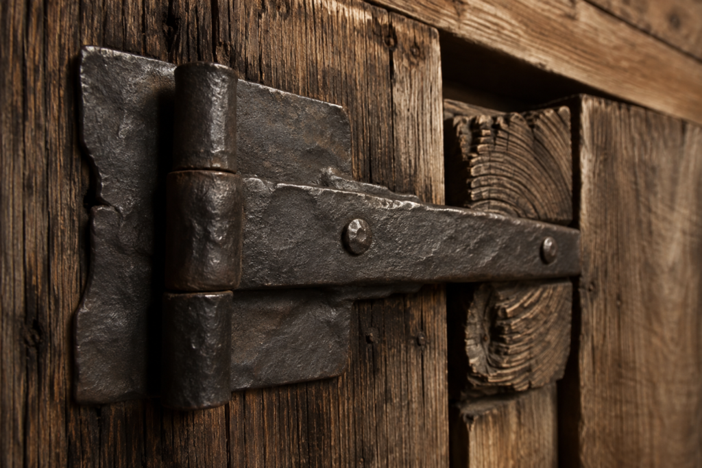 Hand-forged hinge and weathered wood joinery — conceptual architectural detail