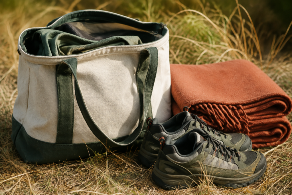 Picnic tote, blanket and walking shoes on grass — conceptual image
