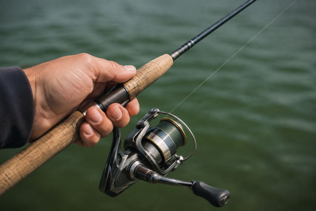 Hand holding a fishing rod and spinning reel — conceptual image