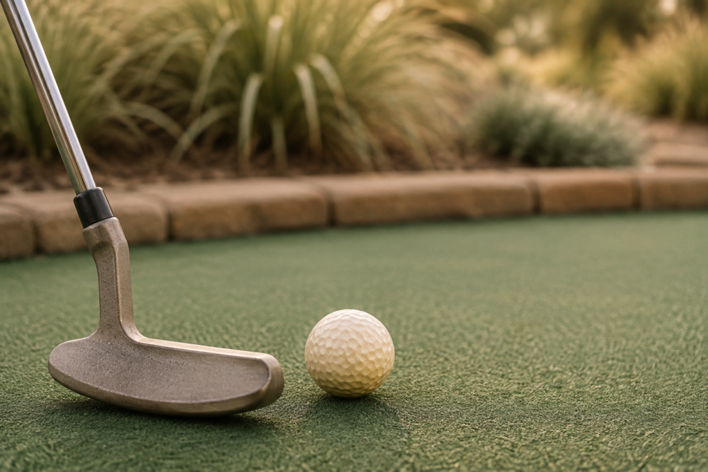 Putter and golf ball on a miniature golf green — conceptual image