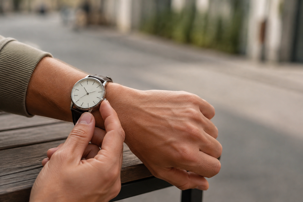 A visitor checking a wristwatch during a short outing — conceptual image