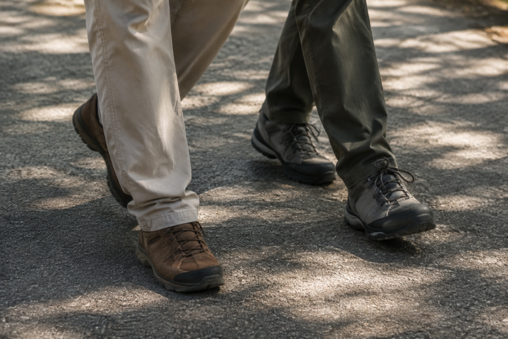 Two walkers sharing a paved path — conceptual image