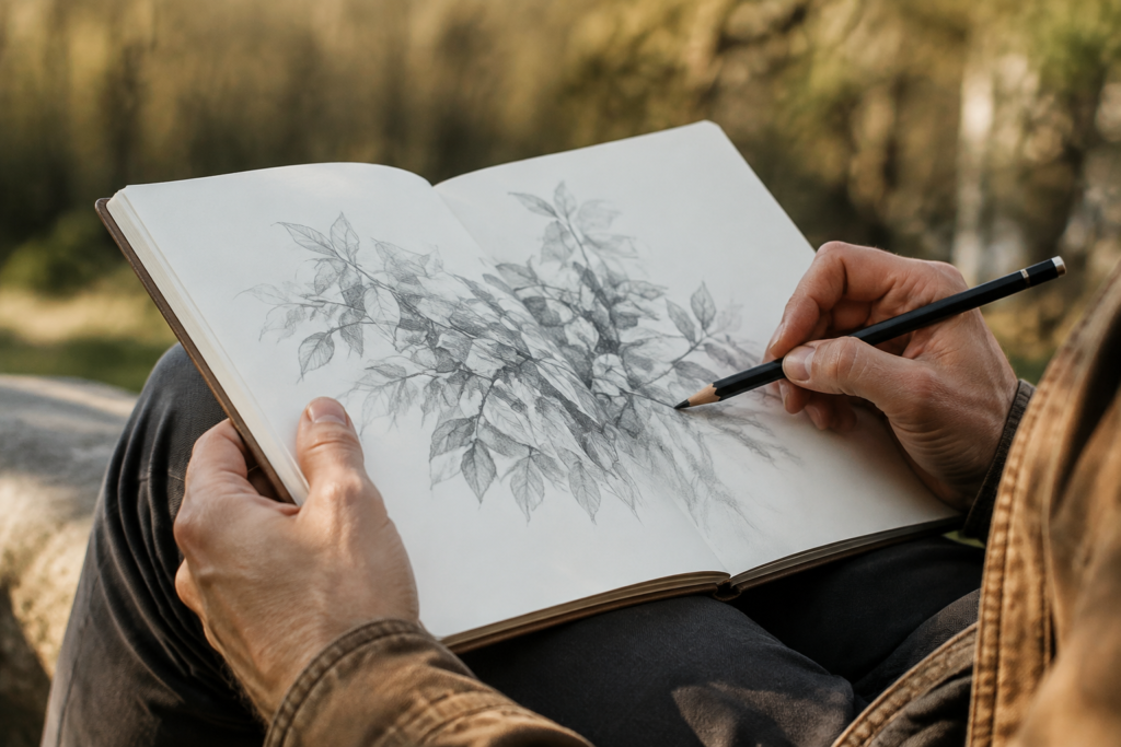 Hands sketching foliage in a notebook outdoors — conceptual image