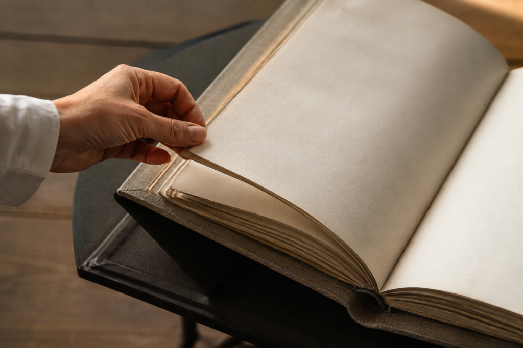 Hand turning a blank page in an old clothbound book — conceptual history illustration