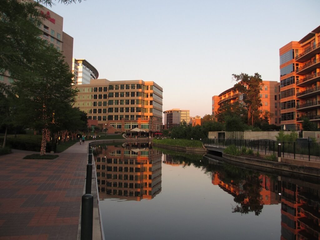 The Woodlands Waterway in warm evening light