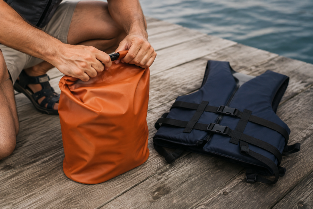 Hands closing a dry bag beside a flotation vest — conceptual image