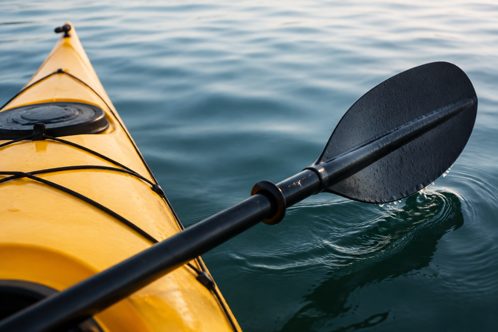 Kayak bow and paddle blade touching water — conceptual image