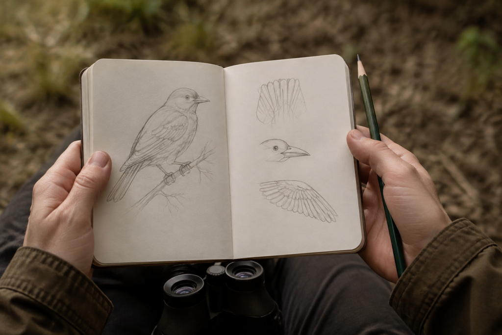 Notebook with pencil bird and feature sketches — conceptual observation illustration