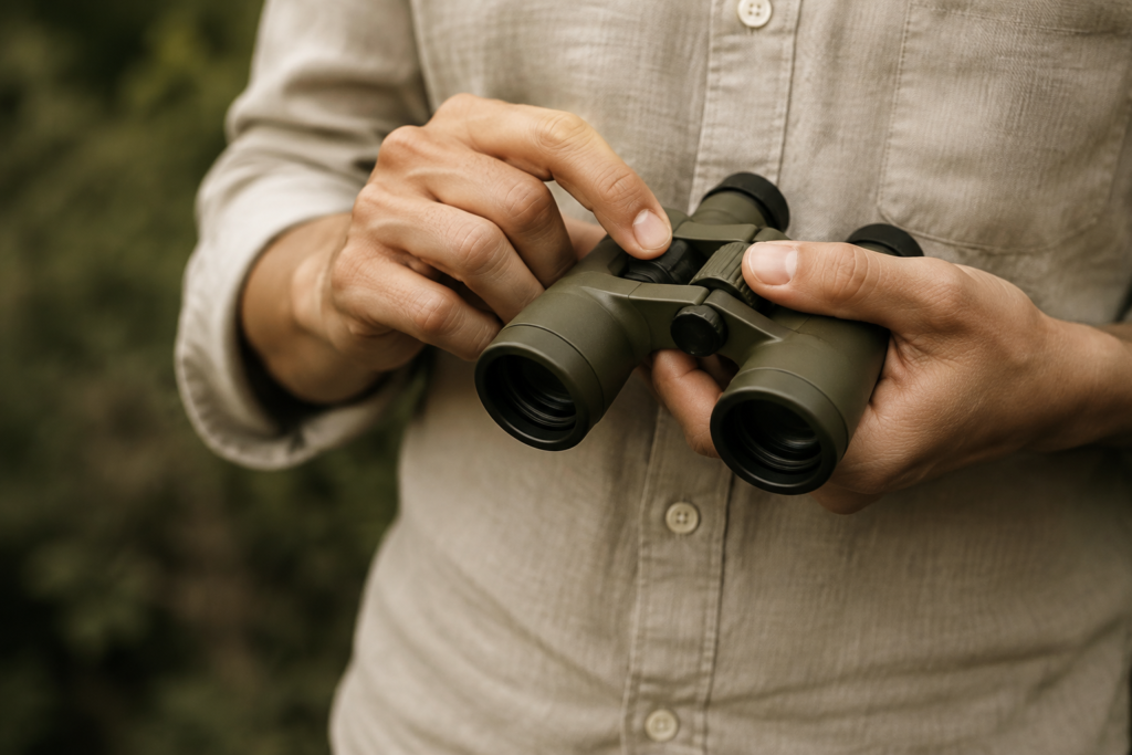 Hands adjusting binoculars — conceptual image