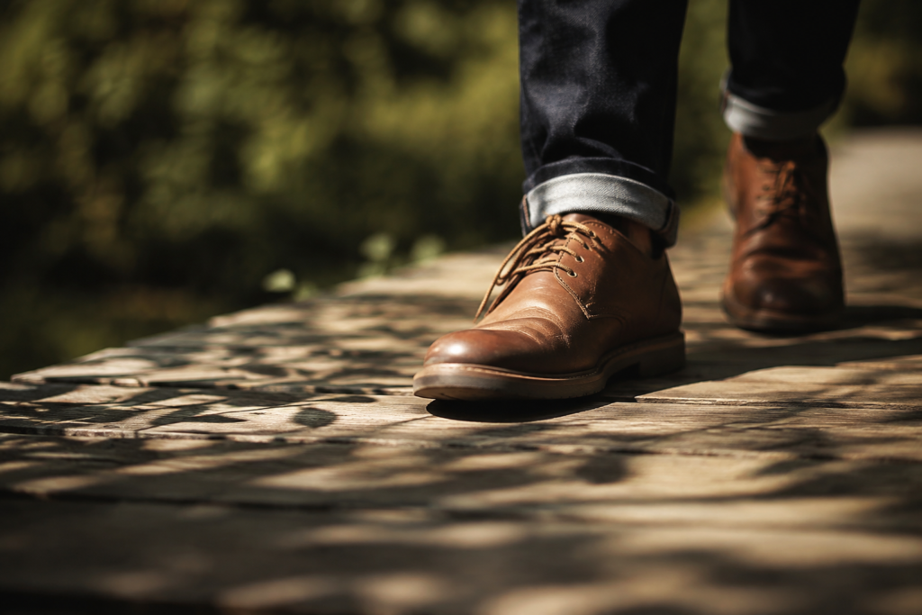 Walking shoes crossing boardwalk planks — conceptual image