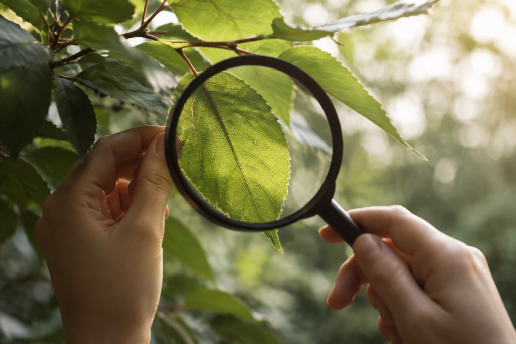 Magnifying glass revealing veins of a green leaf — conceptual environmental learning image