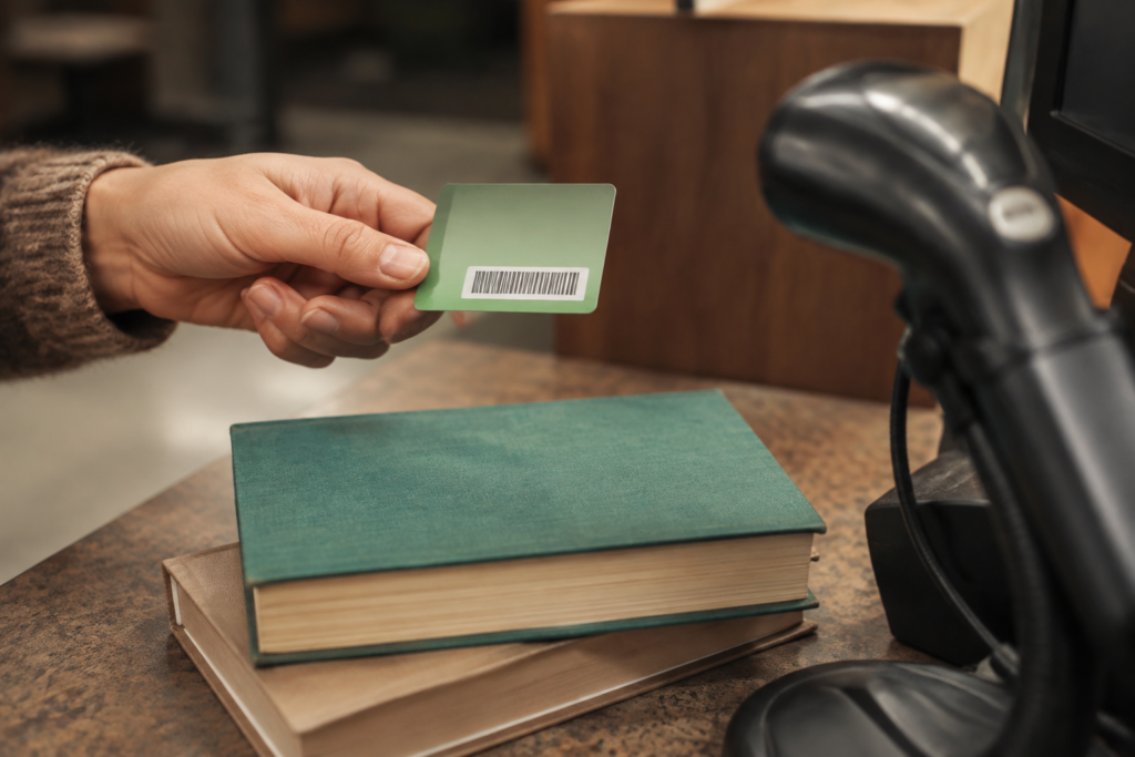 A plain library card being presented at a checkout scanner — conceptual image