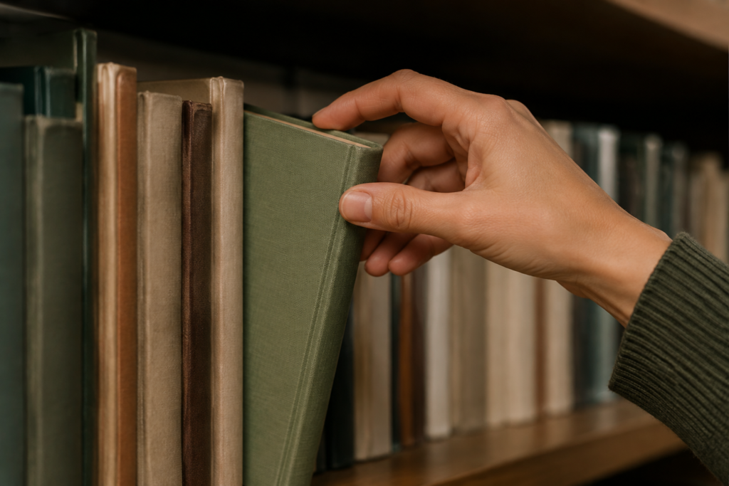 Hand choosing a clothbound book from a shelf — conceptual image