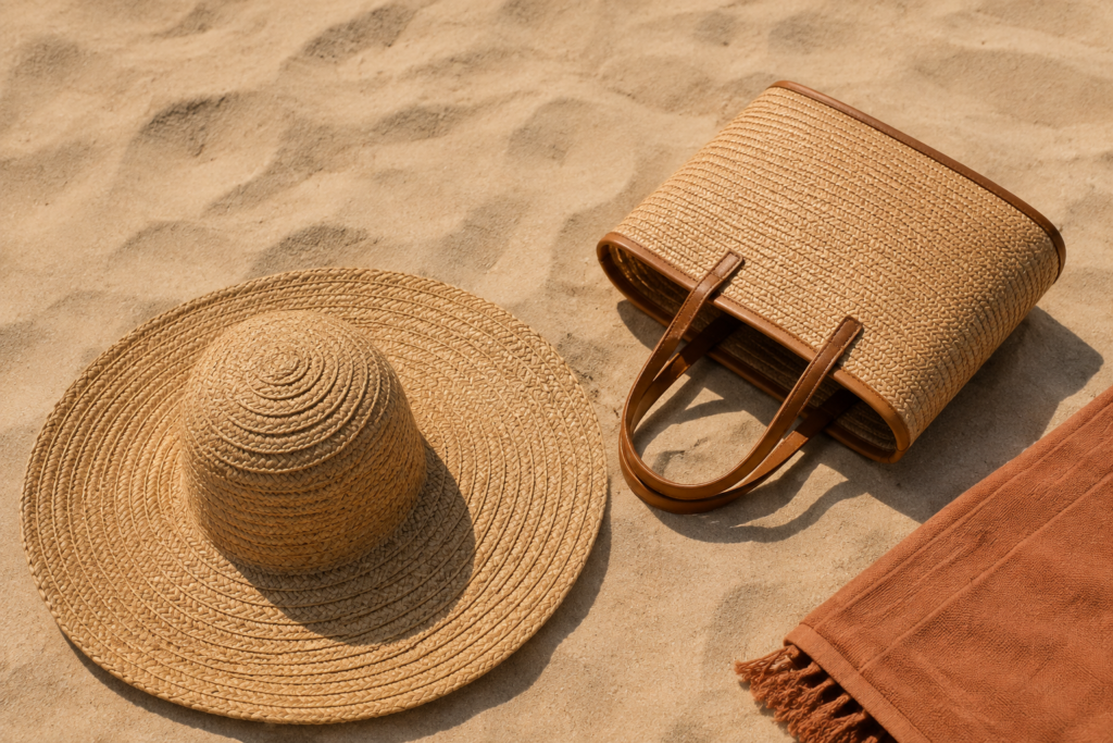 Sun hat, woven beach tote and towel on sand — conceptual image