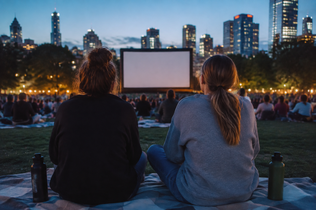 Two friends seated on a picnic blanket in an urban park at dusk looking toward a distant blank outdoor cinema screen