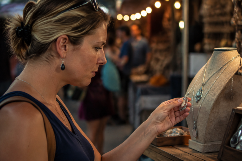 Close profile of a shopper studying a handmade silver pendant under warm market lighting