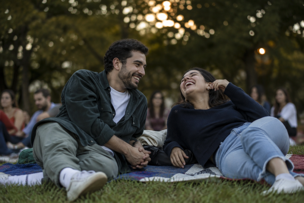 Visitors relaxing on blankets on a gently sloping grassy hill at twilight