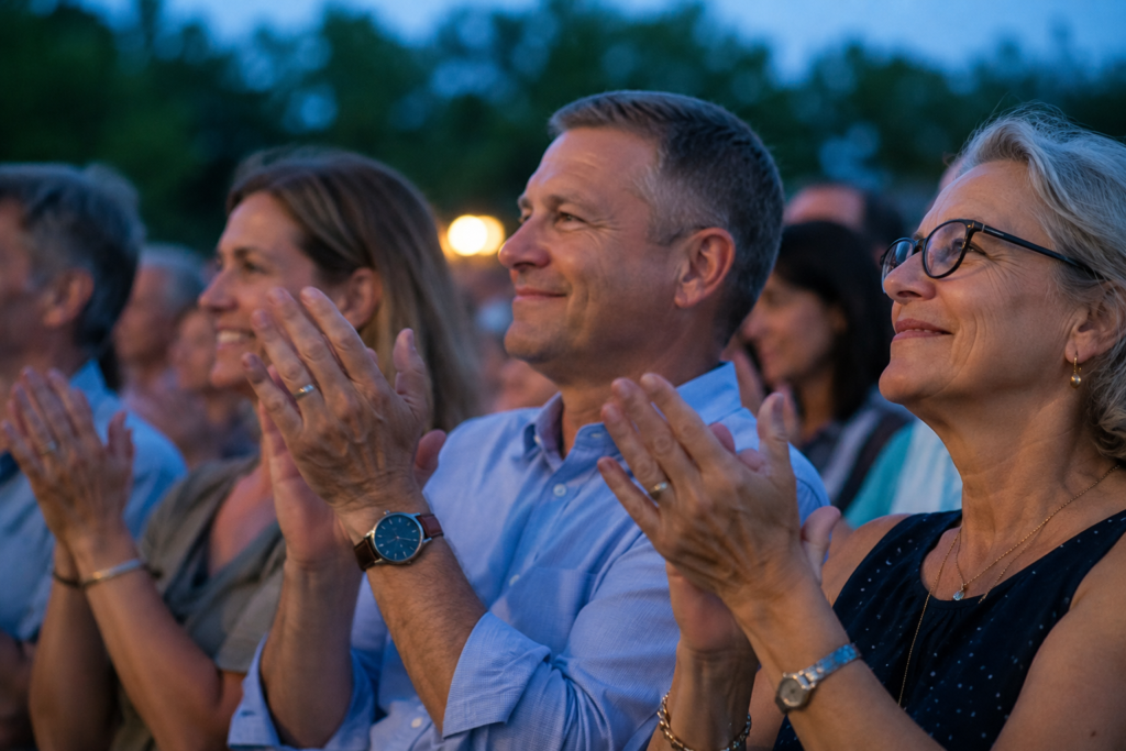 Audience members quietly applauding outdoors