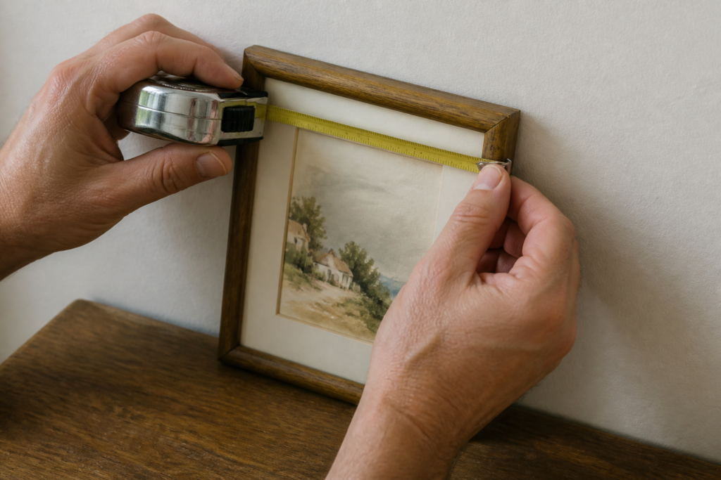 Hands holding a tape measure against the edge of an original small framed watercolor leaning on a home wall