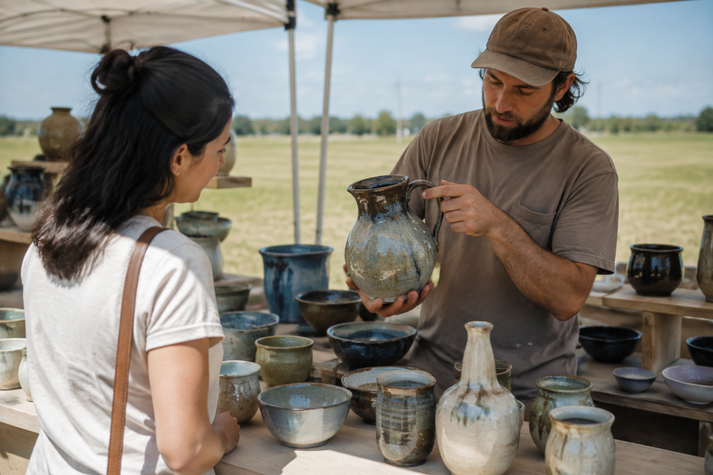 A person admiring a hand-thrown ceramic pitcher on an outdoor artist stall