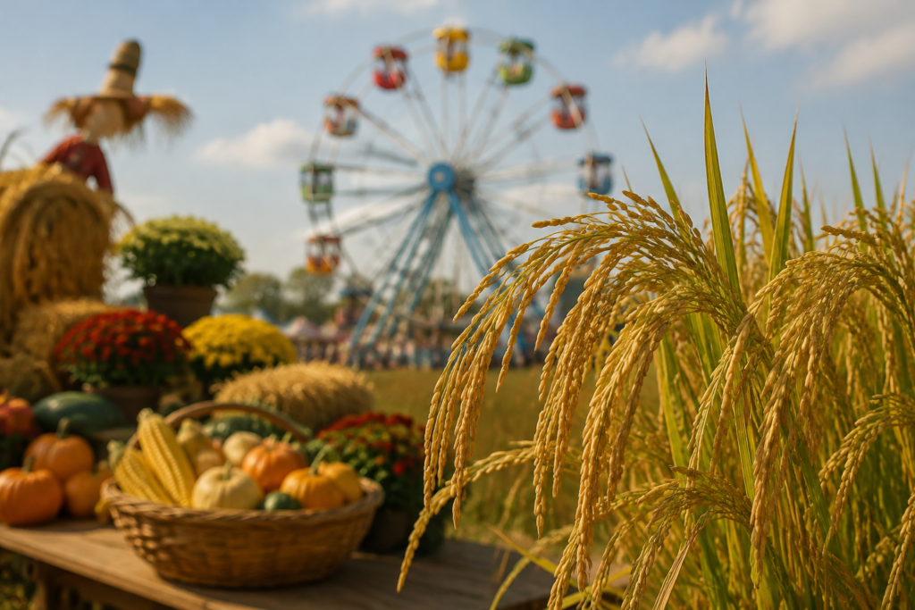 Rice stalks with ripe golden grains in sharp foreground beside a small harvest fair display
