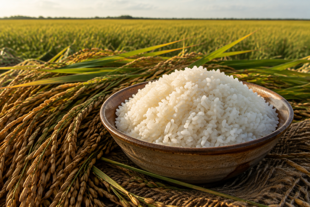 Freshly cooked rice in a rustic ceramic bowl beside ripe rice stalks on a harvest display