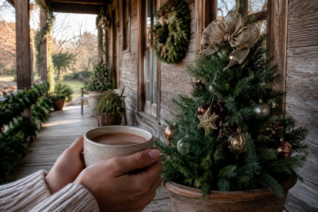 A warm cup of cocoa held in mittenless hands beside a small decorated evergreen on a wooden historic-style porch