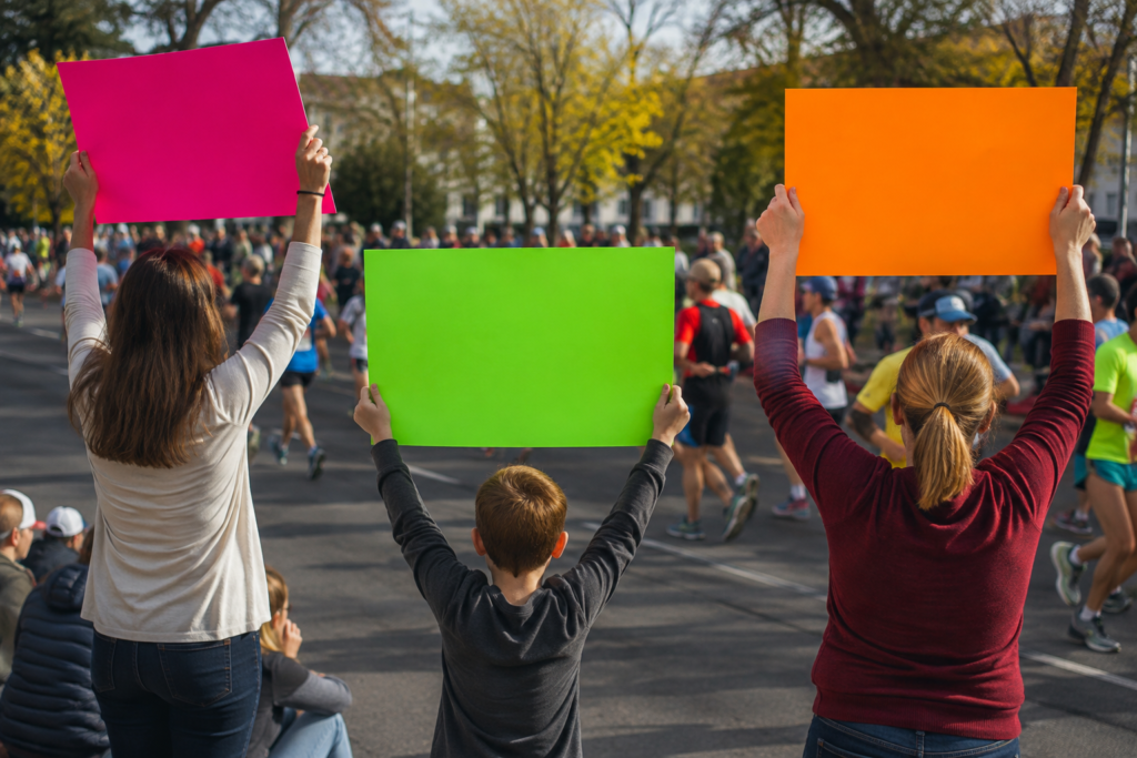 Spectators cheering from a sidewalk holding plain bright handmade signs seen from their backs