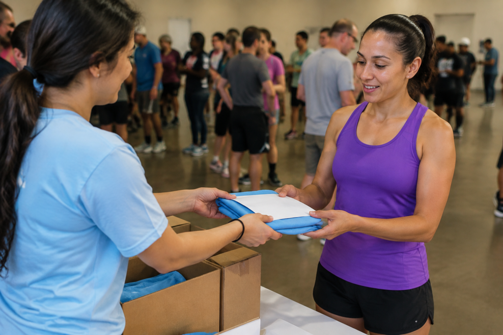 Volunteer handing a plain folded race shirt and unnumbered bib envelope to an adult runner at a community packet pickup counter