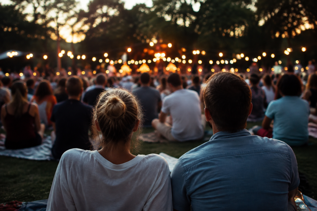 Outdoor music audience enjoying an evening together on an open grass lawn
