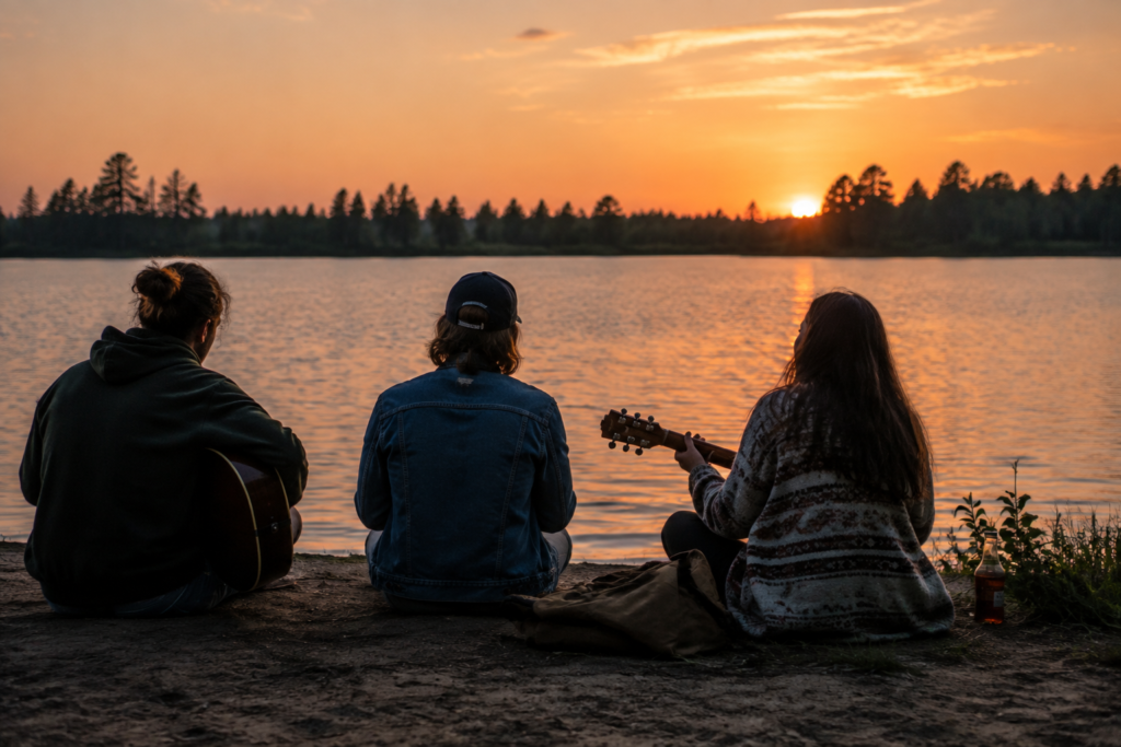 Three adult friends listening to live music beside a calm lakeside promenade at sunset