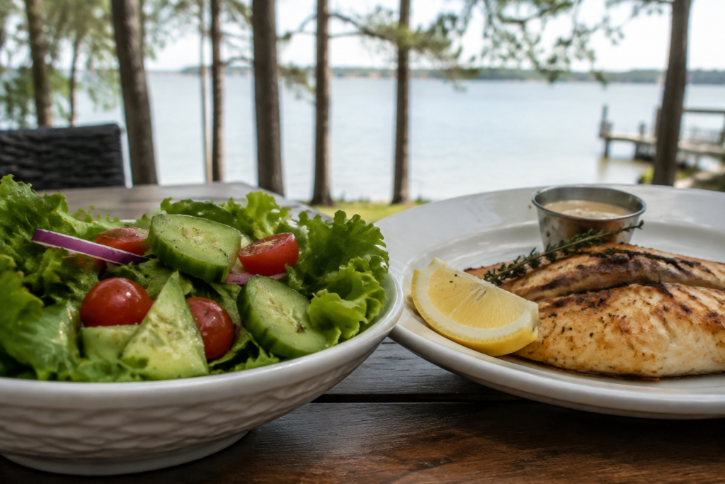 Fresh casual dinner plates on an outdoor restaurant terrace beside a calm lake at golden hour