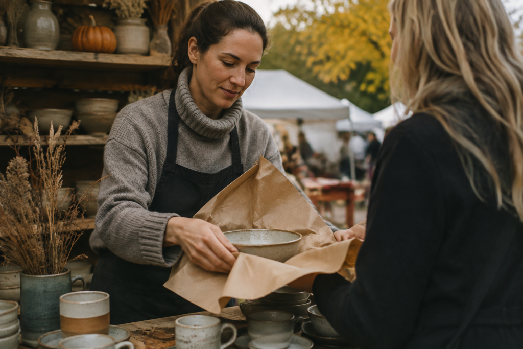 An artisan gently wraps a handmade ceramic bowl in brown paper for a shopper at a fall market booth
