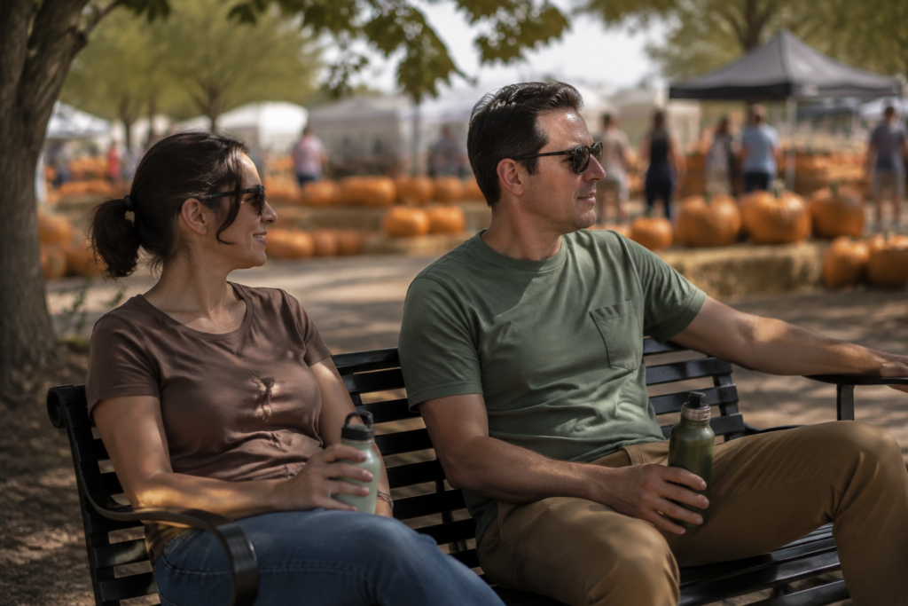 Two adults taking a quiet break from a fall festival on a shaded bench