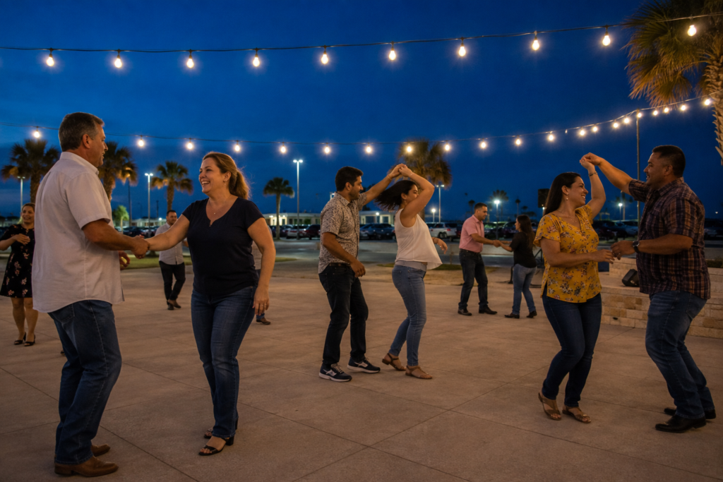 Several adult couples learning a simple partner dance outdoors under string lights at blue hour