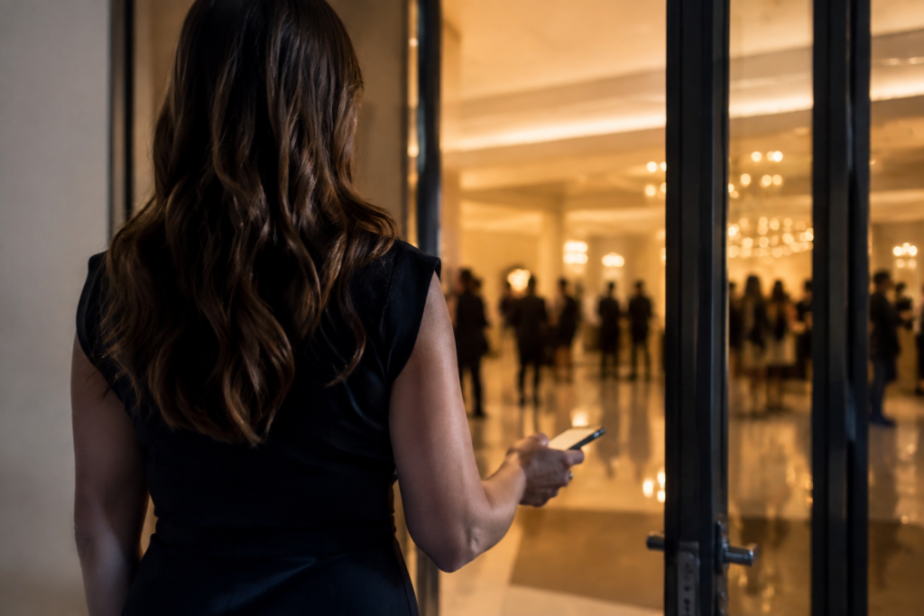 A person approaching an indoor event entrance with phone ready in hand