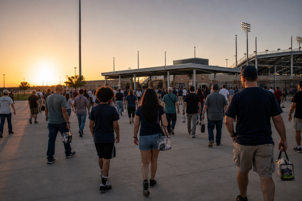 Fans walking toward a generic community football stadium entrance at sunset