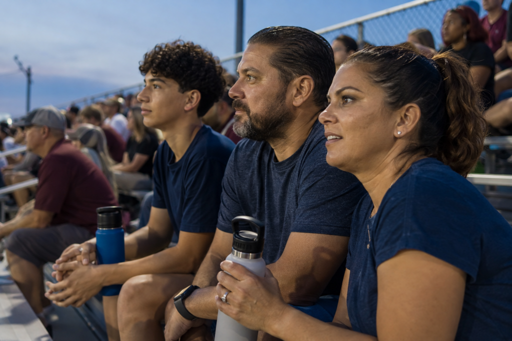A family of adults and a teen enjoying a community football game from aluminum bleachers