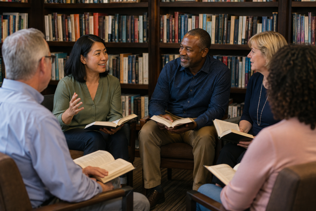 A book club of several adults engaged in lively discussion in a library corner