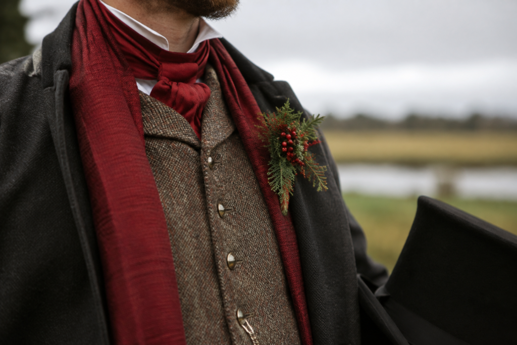 Close-up of a Victorian-inspired top hat and textured wool waistcoat worn by an adult holiday visitor