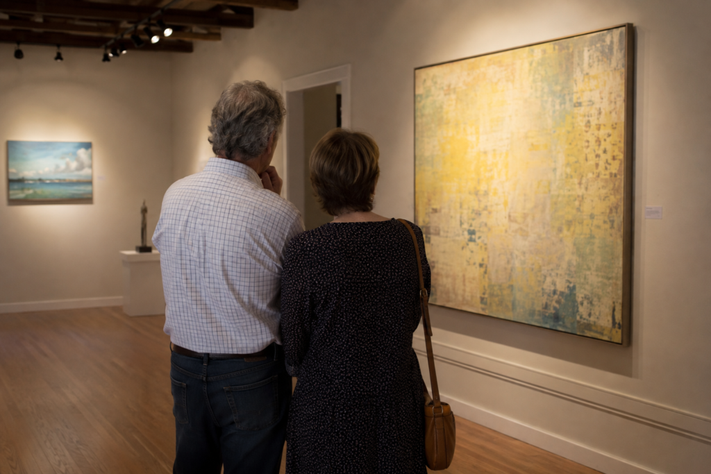 Two adults considering an original contemporary painting inside a small art gallery