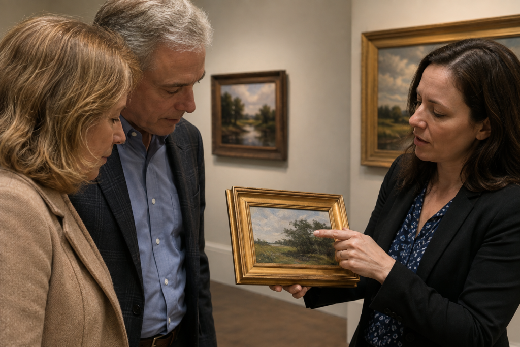 A gallery staff member explaining the frame of an original small painting to two interested adults