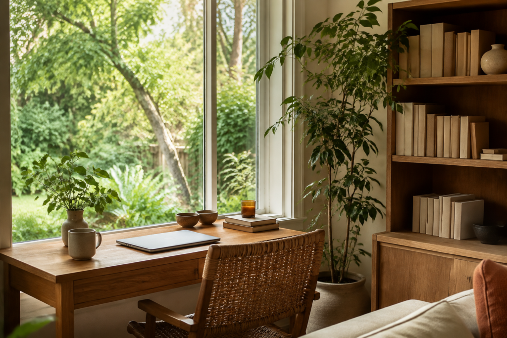 A comfortable home workspace overlooking a leafy garden
