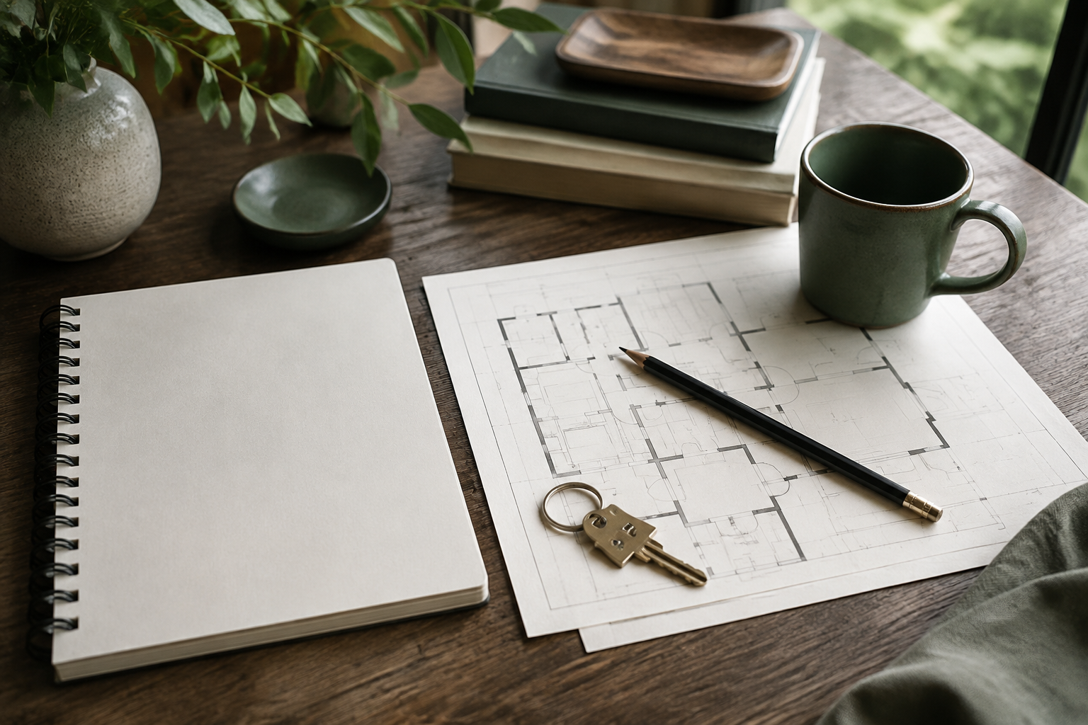 Notebook, floor plan and house key arranged for home search planning