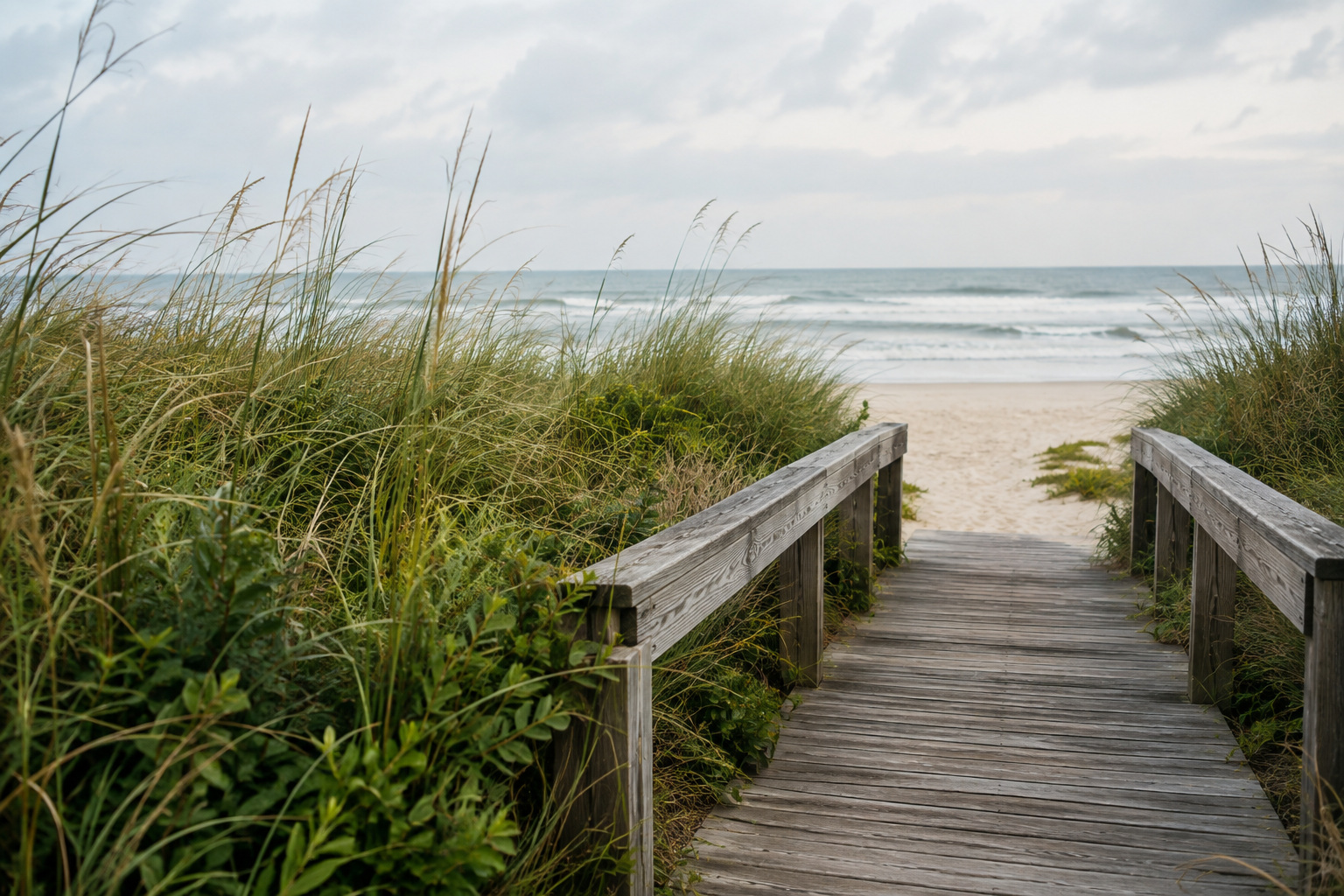 Wooden coastal boardwalk passing grasses and dunes toward distant waves