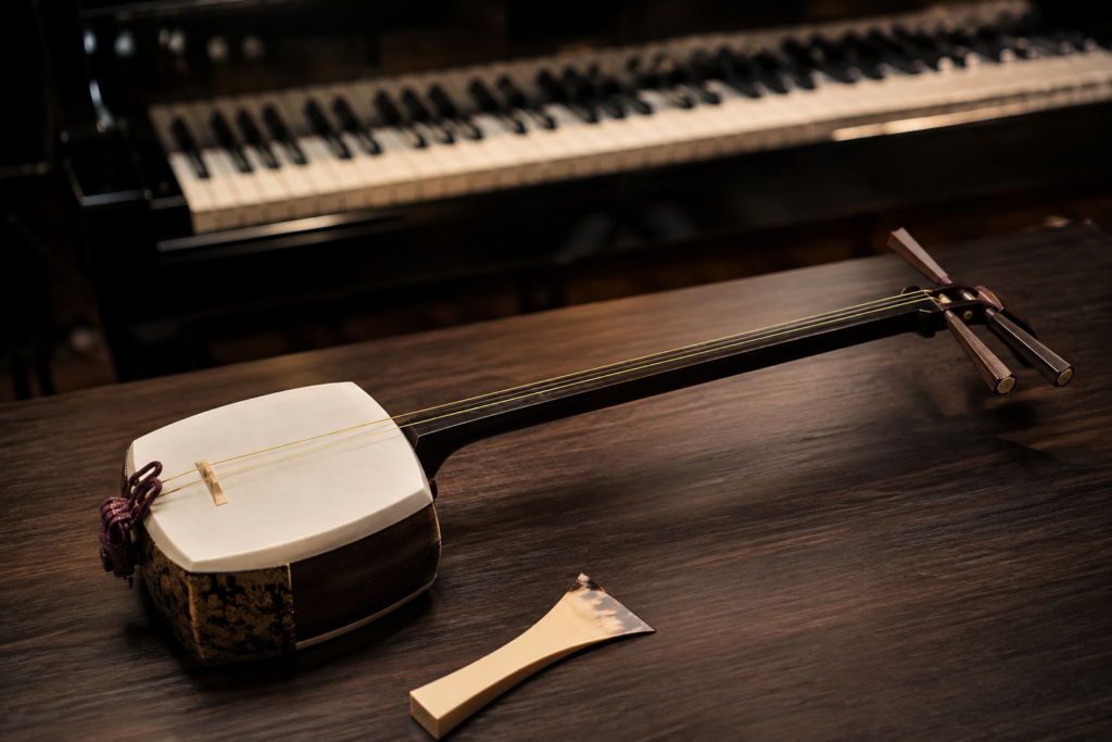 A shamisen and bachi pick beside a piano keyboard