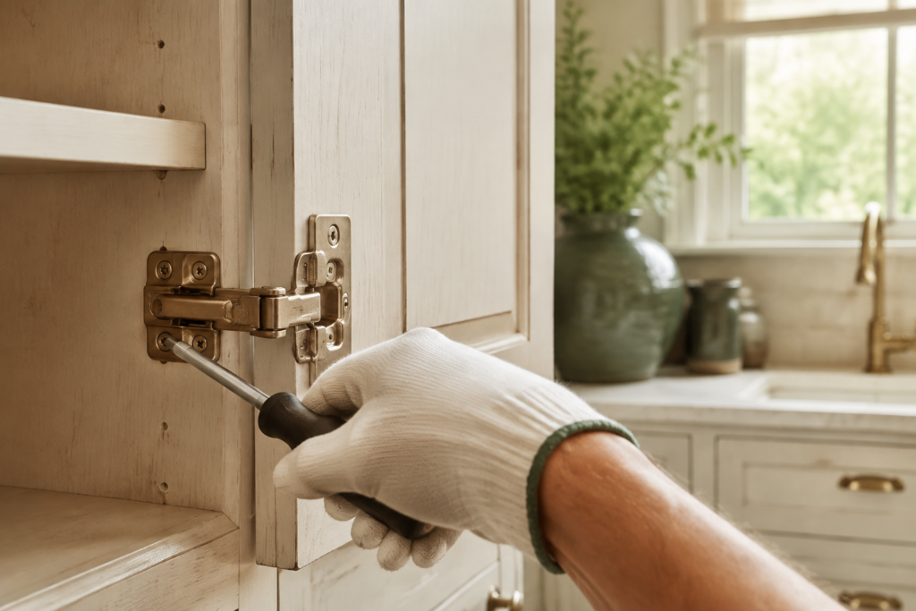 A small cabinet hinge repair during home preparation