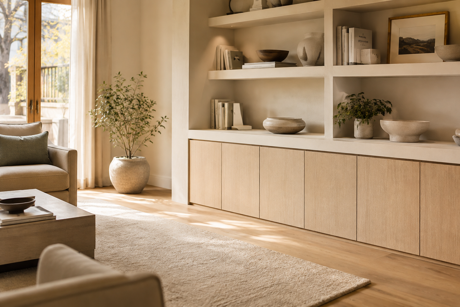 Decluttered living room with styled shelves, warm wood and natural light