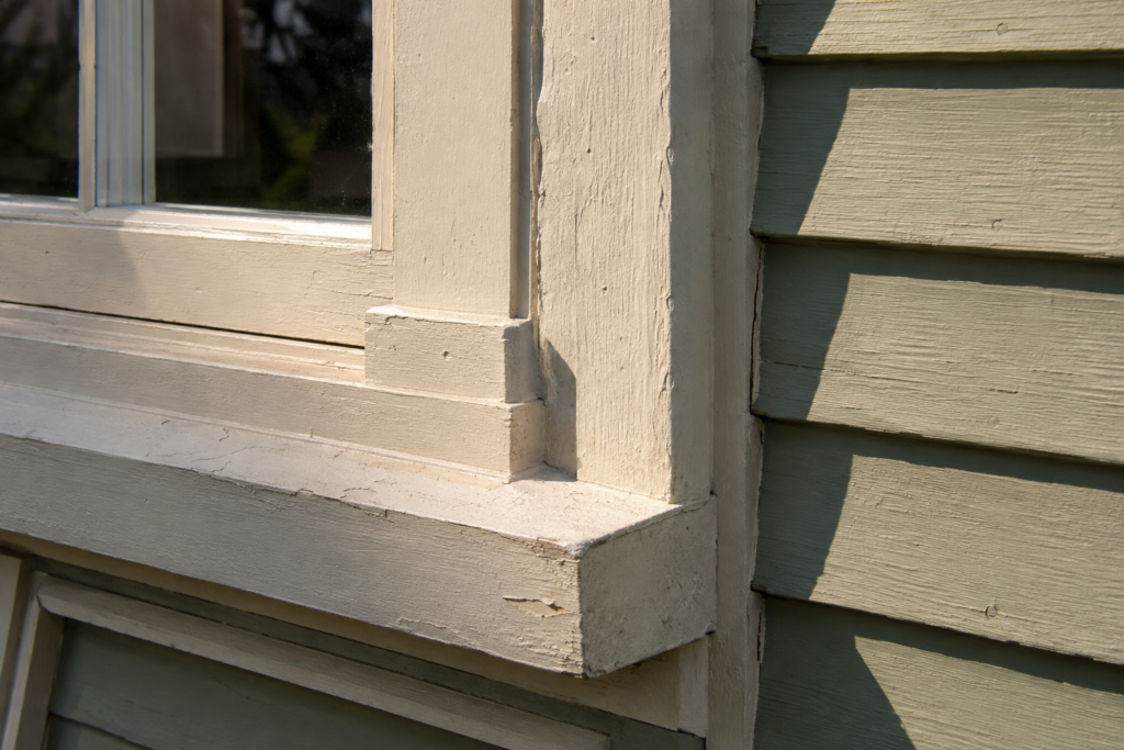 Traditional wood window trim and painted clapboard siding